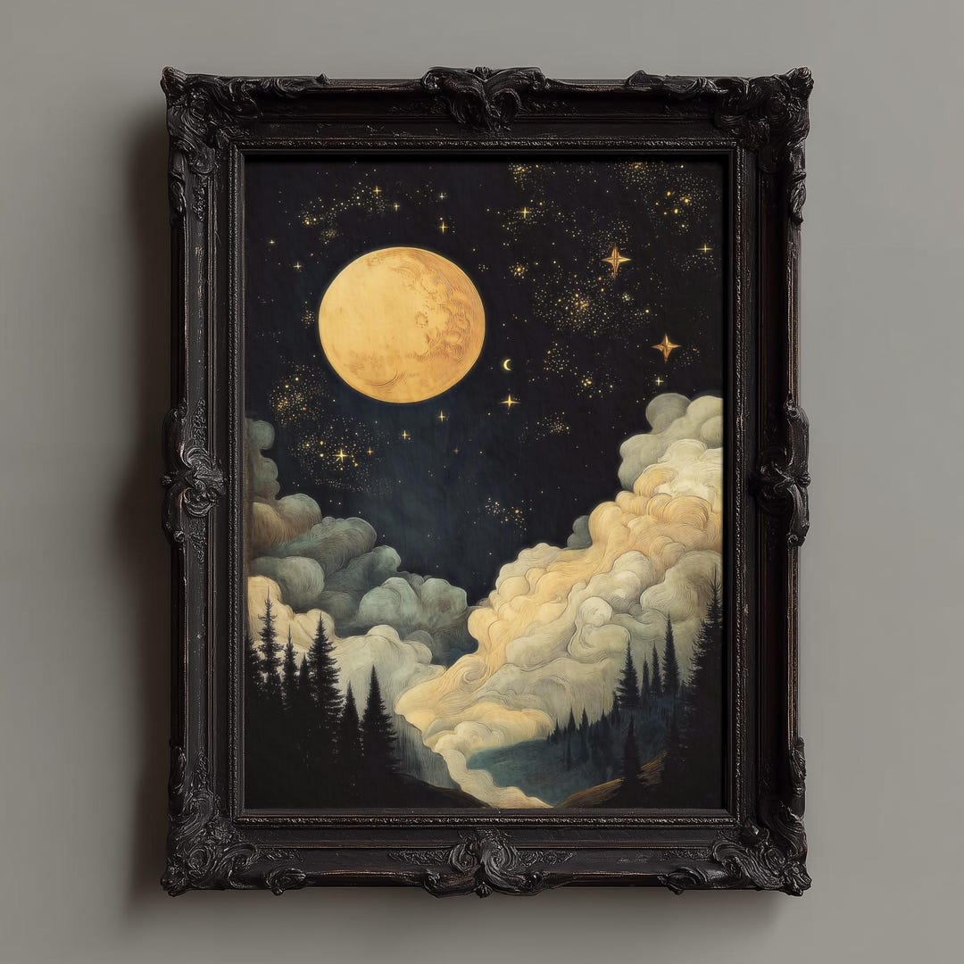 Moody Forest Moon Art Print: Vintage Starry Dark Cottagecore Framed ...