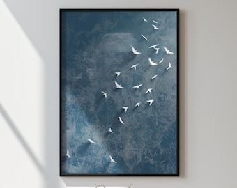 Flock of Birds Print, Minimalist Blue Wall Art, Modern Navy Textured Framed Artwork Decor