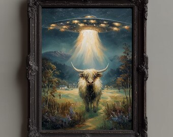 Alien Cow Abduction Art Print: Vintage UFO Farmhouse Decor (Digital File)