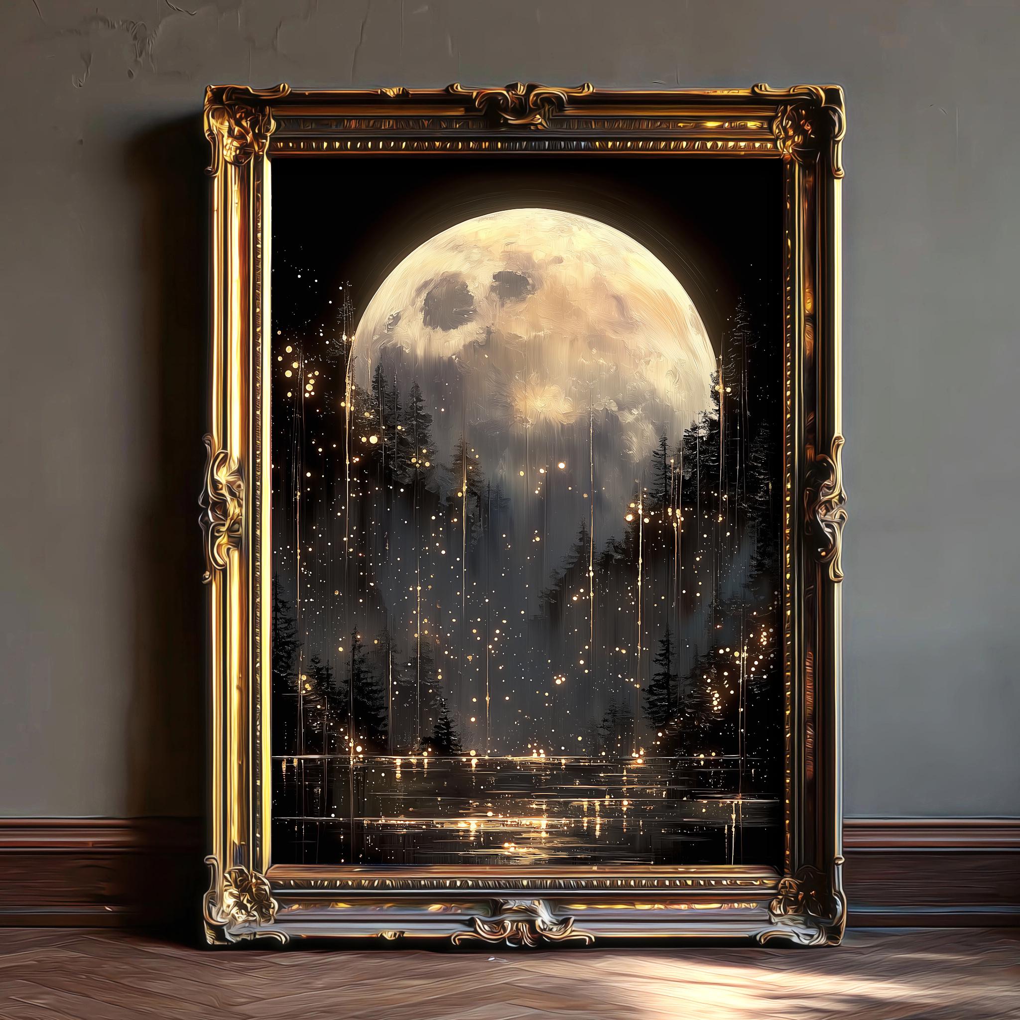 Full Moon Wall Art Print | Black and Gold Moonlit Forest, Celestial ...