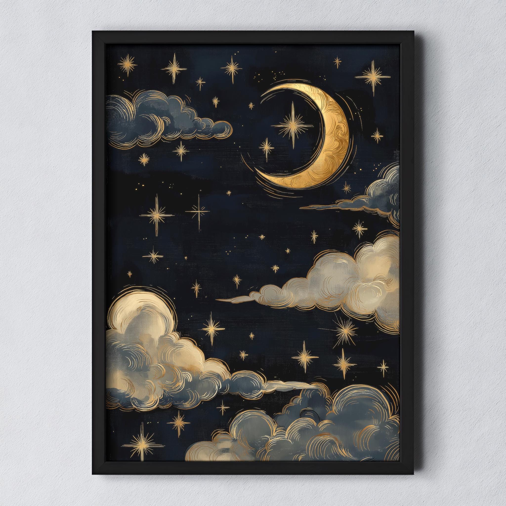 Celestial Moon and Stars Wall Art – Golden Night Sky Print, Vintage ...