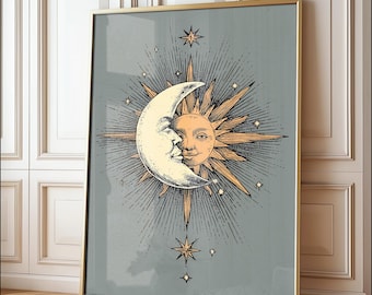 Celestial Sun and Moon Print: Boho Wall Art, Retro Art, Bohemian Decor, Digital Download