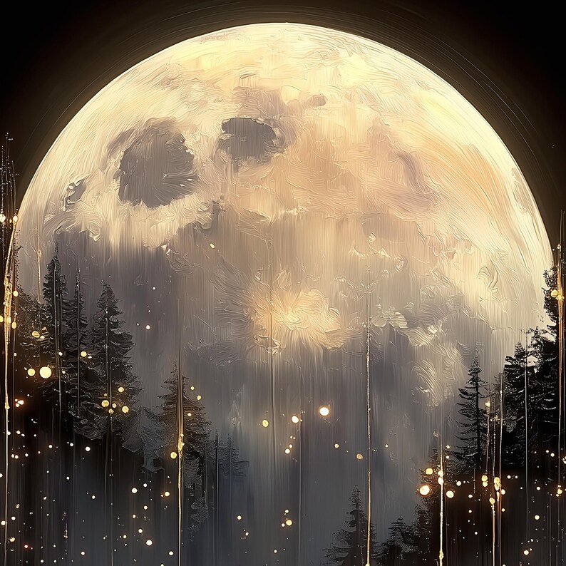 Full Moon Wall Art Print | Black and Gold Moonlit Forest, Celestial ...