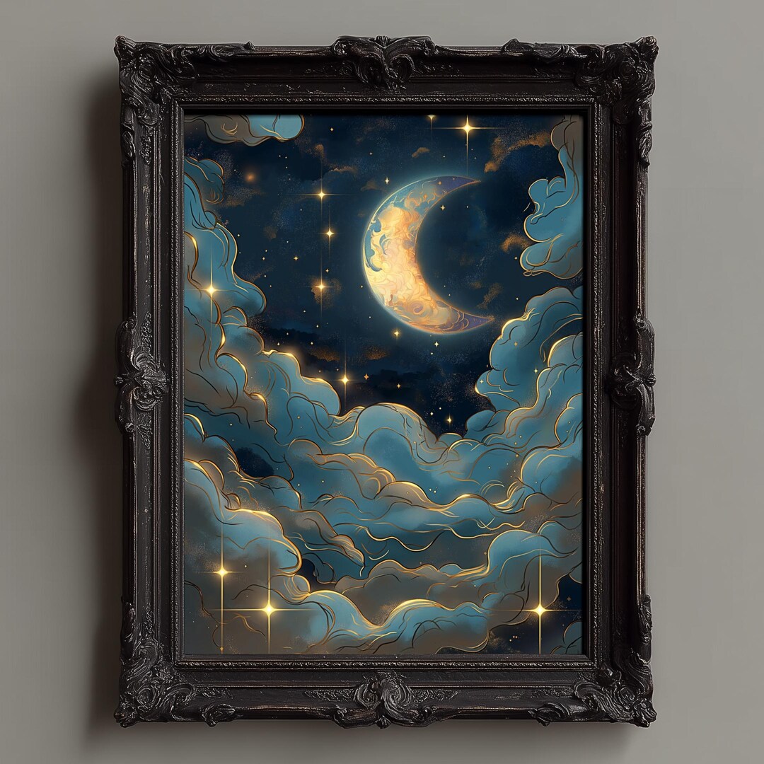 Crescent Moon Celestial Print: Dreamy Night Sky Wall Art (digital ...