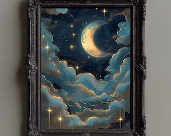 Crescent Moon Celestial Print: Dreamy Night Sky Wall Art (Digital Download
