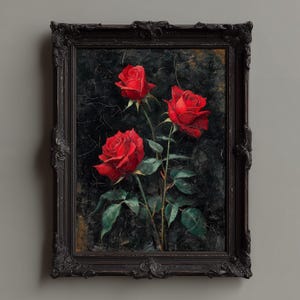 May include: An oil painting in a dark, ornate frame, depicting three vivid red roses. The roses are set against a dark backdrop, with green stems and leaves. The frame is a dark brown colour.