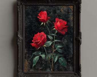 Vintage Rose Oil Painting, Victorian Moody Floral Print, Antique Dark Academia Botanical Framed Artwork