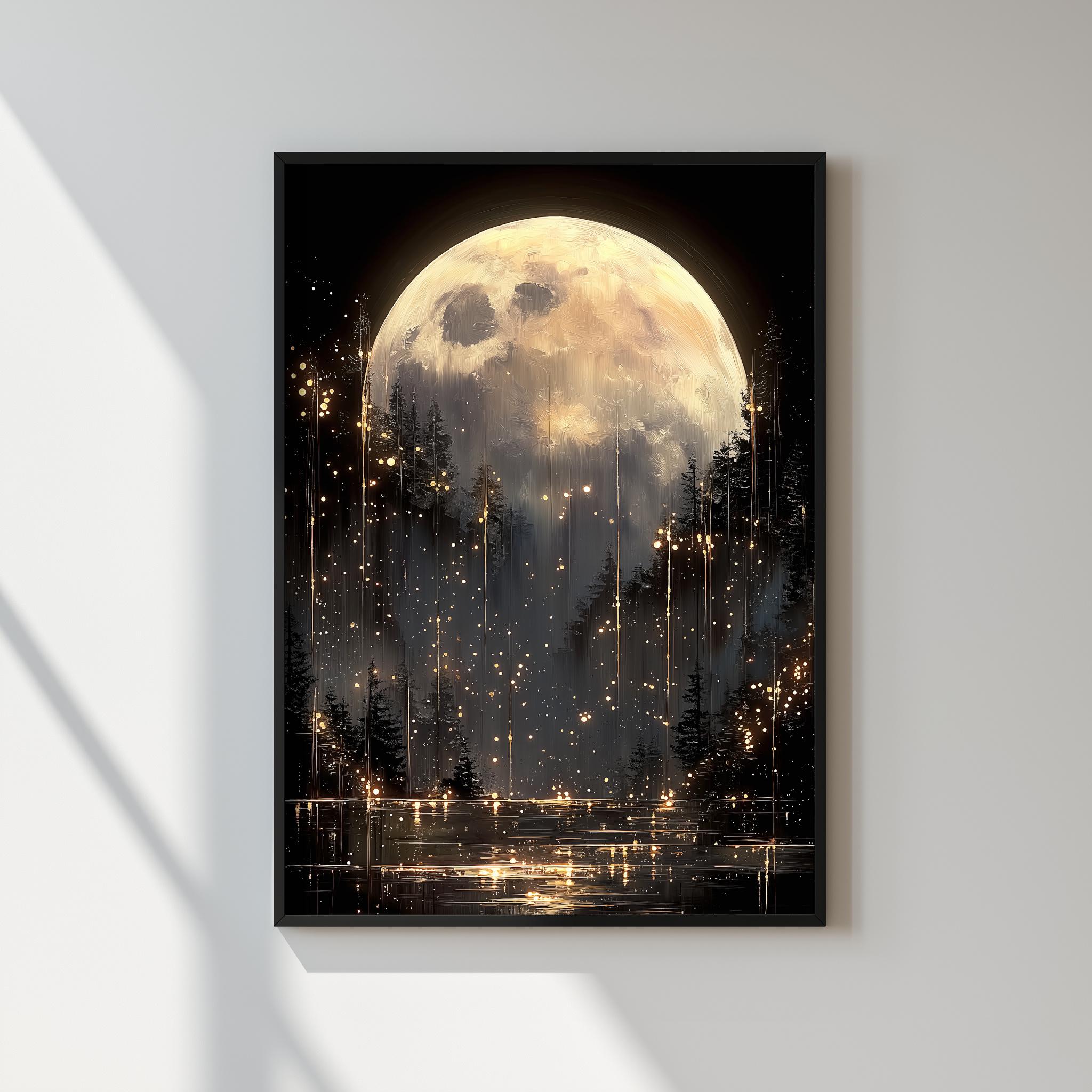 Full Moon Wall Art Print | Black and Gold Moonlit Forest, Celestial ...