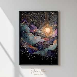 Cuadro enmarcado del Sol y la Luna – Impresión artística del cielo índigo celestial