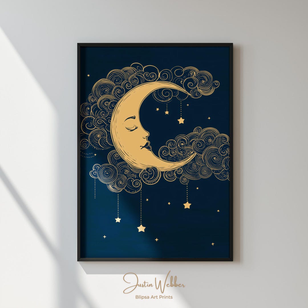 Celestial Moon and Stars Art Print, Gold Crescent Night Sky Wall Poster ...