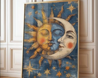 Celestial Sun and Moon Print: Vintage Astology Poster, Digital Download Wall Art