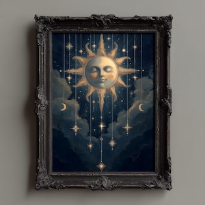 Celestial Sun & Moon Wall Art Print – Vintage Night Sky Stars Illustration, Sun Face Poster, Mystical Boho bedroom Decor, Instant Download