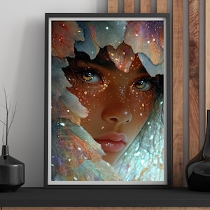 Enchanted Floral Portrait Art Print – Fantasy Close-Up Wall Art, Ethereal Feminine Face, Surreal Botanical Decor, Magical Digital Download