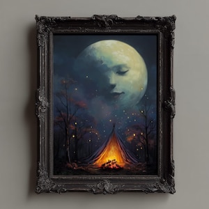 Celestial Moon Night Print, Dark Forest Wall Art, Fantasy Campfire Scene, Gothic Sky Landscape, Starry Night Home Decor