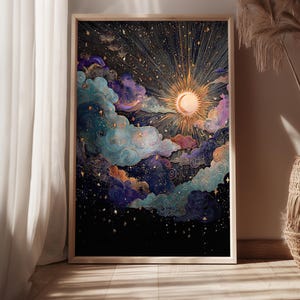 Celestial Balance - Impression d&#39;art mural Soleil et Lune | Décoration bohème cosmique, téléchargement numérique