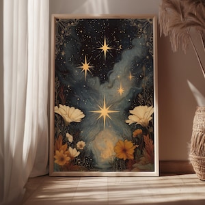 Himmlische Wandkunst, Vintage sternenklare Nacht Blumendruck, Gothic Dark Academia Dekor, botanischer Himmel Poster