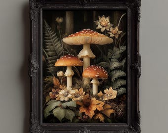 May include: A framed artwork featuring a detailed illustration of several mushrooms with orange caps and white spots. The mushrooms are surrounded by foliage and flowers in shades of green, brown, and yellow. The frame is black and ornate.