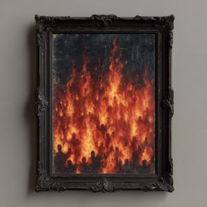 Könnte beinhalten: Gerahmtes Gemälde, das eine feurige Szene mit silhouettierten Figuren in Flammen zeigt. Das Kunstwerk hat einen dunklen Hintergrund mit leuchtenden Orange- und Rottönen, in einem schwarzen, verzierten Rahmen.