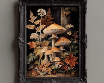 May include: A framed artwork featuring a cluster of mushrooms with tan caps and white stems, surrounded by autumn foliage. The artwork is set against a dark background and framed in a black, ornate frame. The overall theme is nature and the fall season.