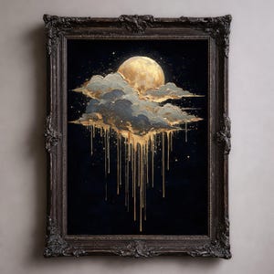 Golden Drip Moon Art Print | Abstract Celestial Cloud Wall Decor, Boho Metallic Framed Print