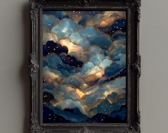 Himmlische Wolken Kunstdruck: Vintage Nachthimmel, kosmisches Wohnzimmer Dekor