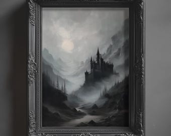 Gotische kunstafdruk Dracula Castle: humeurig Victoriaans landschap (digitale download)