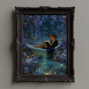 Witch Reading in Bathtub Print: Enchanted Forest Fantasy (Digital Download A1-A5 JPGs)