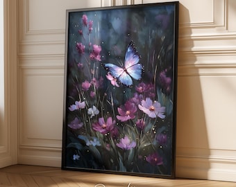 Moody Butterfly Wildflower Garden: Dark Cottagecore Wall Art Print, Vintage Butterfly Painting, Acedemia Decor