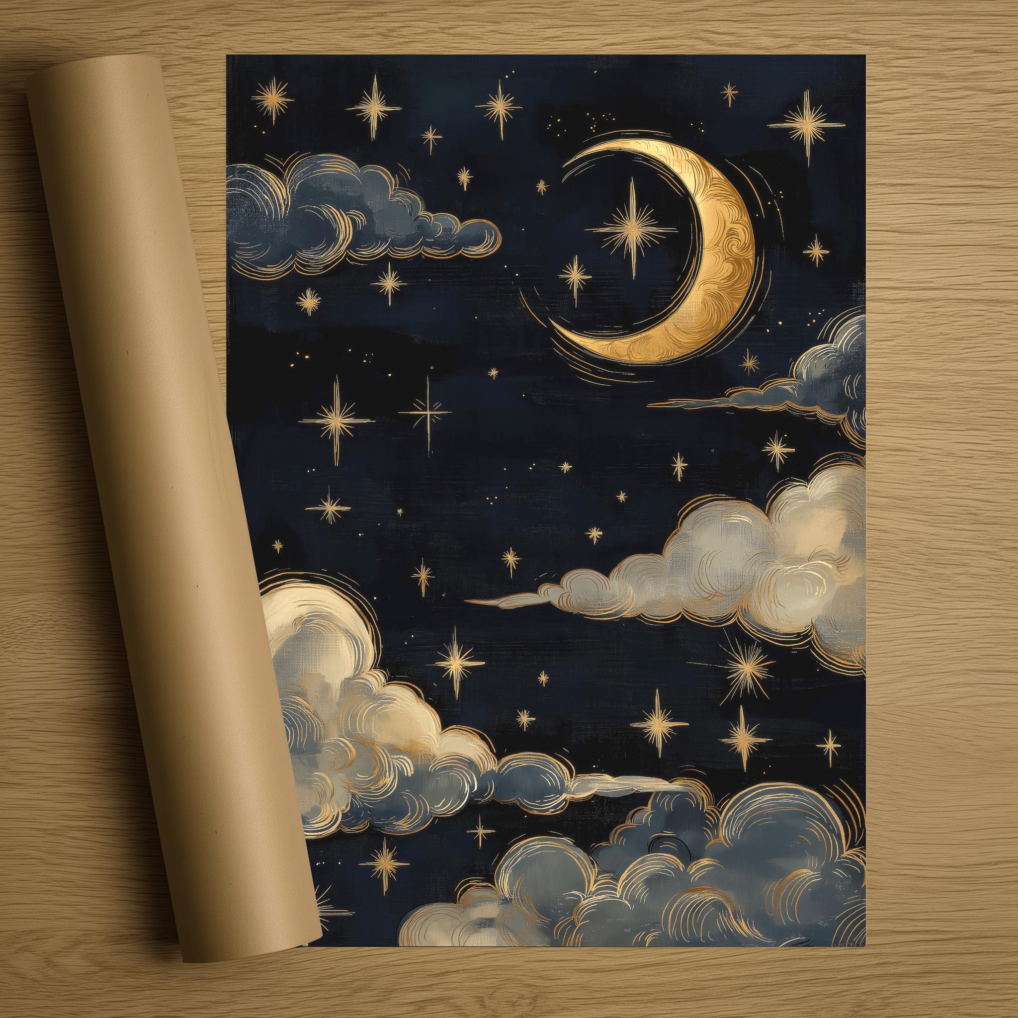 Celestial Moon and Stars Wall Art – Golden Night Sky Print, Vintage ...