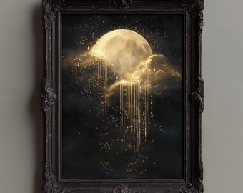 Golden Drip Moon Art Print: Dark Acedemia Wall Art, Surreal Celestial Gold Vintage Decor