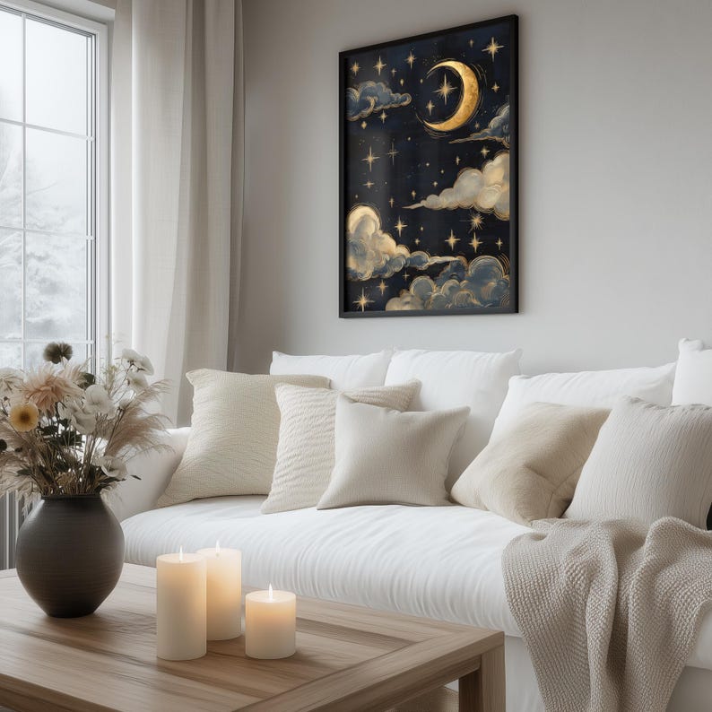 Celestial Moon and Stars Wall Art – Golden Night Sky Print, Vintage ...