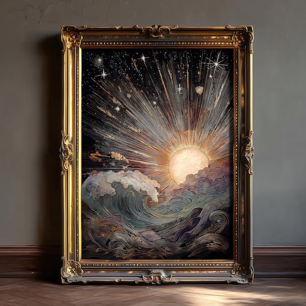 Cosmic Dawn - Sun and Stars Wall Art | Boho Celestial Decor, Framed Print
