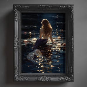 Mermaid in Water Lily Pond Art Print: Gothic Cottagecore Fantasy (Digital Download A1-A5 Sizes)