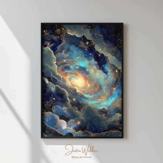 Framed Galaxy Wall Art Print, Cosmic Swirl Nebula Painting, Starry Night Sky Home Decor