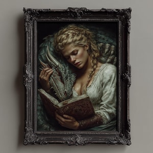 Mistyczny Smok Ścienny Art, Czarująca Kobieta Czyta Wydruk, Mroczne Płótno Fantasy, Nastrojowy Magiczny Wystrój Książki, Gotycki Smok Plakat