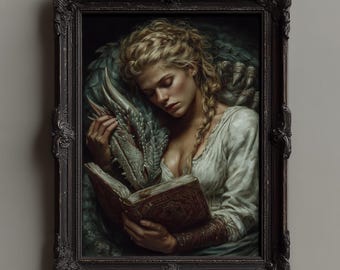 Dragon and Woman Art Print: Gothic Fantasy Book Decor (Digital Download A1-A5, 8x10-24x36 inches)