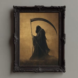 May include: Framed artwork depicting a cloaked figure with a scythe against a golden backdrop. The figure is dark, hooded, and holding a scythe. The dark brown, ornate frame gives a vintage feel to the artwork.