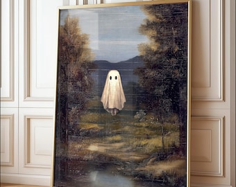 Little Ghost in Autumn Painting – Vintage Landscape Art, Spooky Farmhouse Fall Decor, Halloween Printable