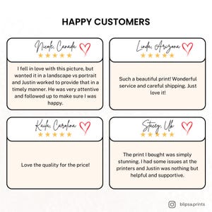以下が含まれることがあります： 「HAPPY CUSTOMERS」のテキストと顧客レビューが記載されたグラフィック。各レビューは、ハートのアイコンと星の評価が付いた白いボックスに入っています。レビューでは、印刷品質とカスタマーサービスについて言及しています。