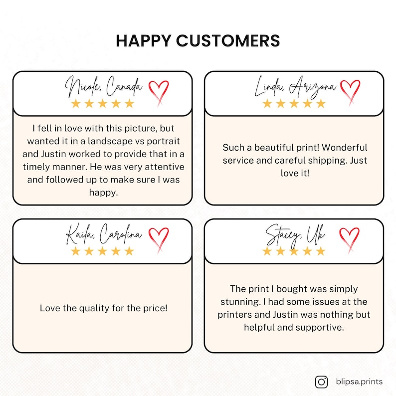 以下が含まれることがあります： 「HAPPY CUSTOMERS」のテキストと顧客レビューが記載されたグラフィック。各レビューは、ハートのアイコンと星の評価が付いた白いボックスに入っています。レビューでは、印刷品質とカスタマーサービスについて言及しています。