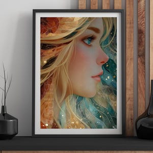Ethereal Fantasy Wall Art Print – Surreal Blonde Woman, Whimsical Botanical Decor, Printable Digital Download