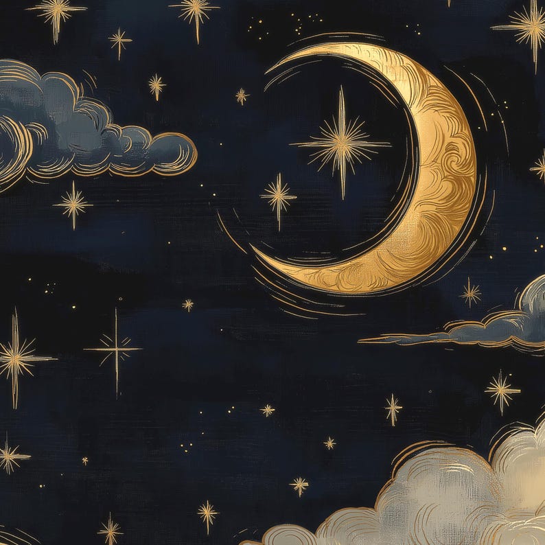 Celestial Moon and Stars Wall Art – Golden Night Sky Print, Vintage ...