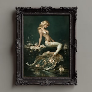 Mermaid Lily Pond Art Print: Dark Cottagecore Siren (Digital Download A1-A5, Inches 8x10-24x36 )