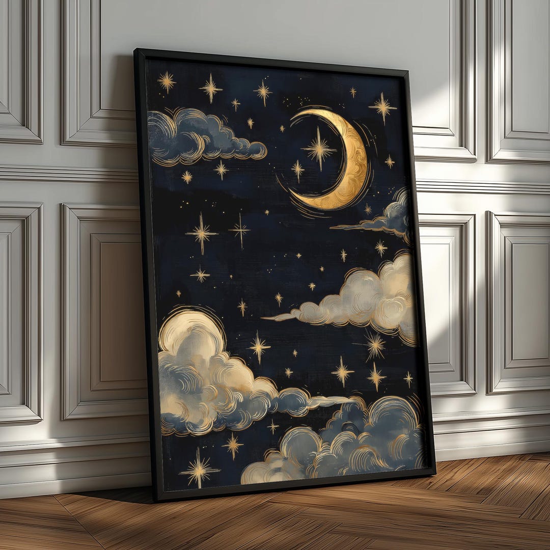 Celestial Moon and Stars Wall Art – Golden Night Sky Print, Vintage ...