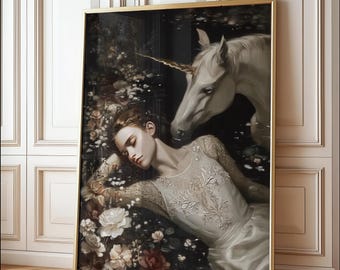 Grafika ścienna z jednorożcem, mroczny, rustykalny, gotycki, romantyczny, fantasy, wiktoriański, mroczny wystrój akademicki