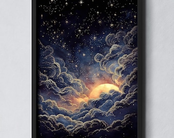 Himmlische Wandkunst: Sternenklarer Nachthimmel Druck, Kosmische Wolke Gemälde, Maximalist Poster Dekor
