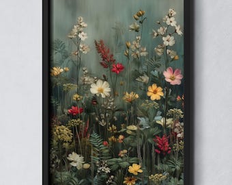 Wildflower Framed Wall art: Vintage Botanical Field Landscape Print, Farmhouse Floral Decor