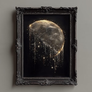 May include: A framed artwork featuring a celestial design. The image showcases a glowing, golden sphere with trailing light strands and stars against a black background. The ornate, dark frame adds a classic touch.