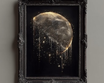 Gold Moon Art Print: Vintage Style Celestial Wall Art, Dark Academia Decor, Framed Artwork
