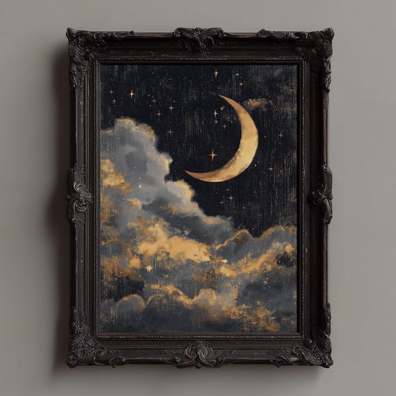 Crescent Moon Art Print, Dark Cottagecore and Academia Decor, Lunar Night Sky Wall Poster